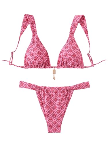 MakeMeChic Women's Floral Print 2 Piece Bikini Sets Tie Back Triangle Thong Bathing Suit Swimsuit