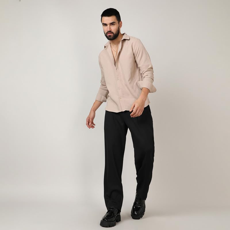 Image of CAHOOT Men's Self-Design Striped Shirt for Casual Wear | Spread Collar | Long Sleeve | Button Closure | Shirt Crafted with Comfort Fit for Everyday Wear