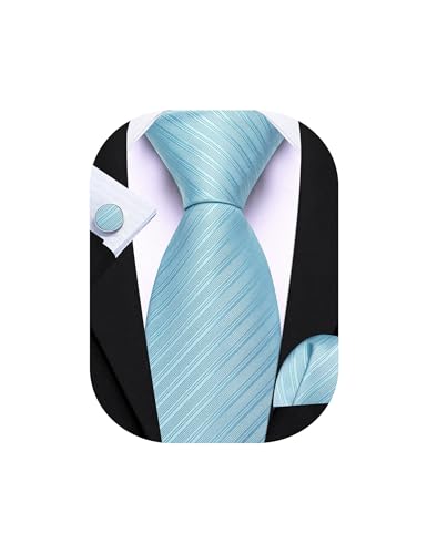 Barry.Wang Aqua Tie for Men Solid Striped Silk Necktie Pocket Square Cufflinks Formal Wedding Party Business