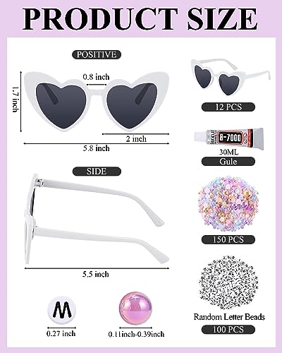 Xuhal 12 Pairs White Heart Party Sunglass Bulk Wedding Bridesmaid Bachelorette Glasses with DIY Letter Bead Pearl for Party2