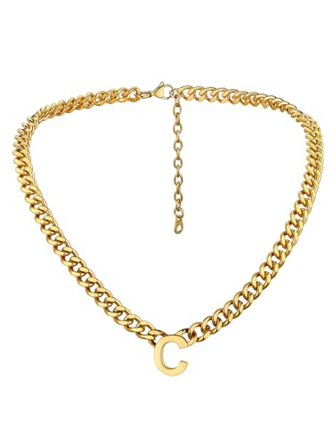 Bandmax Mens Initial Necklace Choker Stainless Steel/Gold/Black 7MM Wide Chunky Letter Pendant Chain Necklace for Men 18Inch + 2Inch