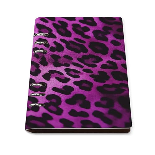 Cuaderno A5 de leopardo morado recargable con 6 anillas de piel sintética para diario