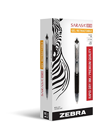 Zebra Pen 46410 Zebra Sarasa SE Retractable Gel Ink Pens, Medium Point 0.7mm, Black Rapid Dry Ink, 12-Count