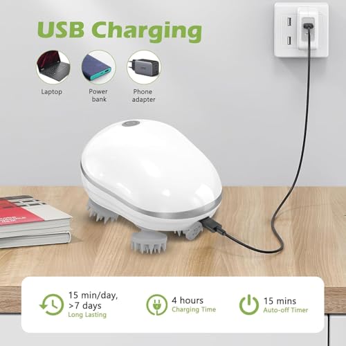 Image of Electric Scalp Massager | Rechargeable Head Care Device with 4 Rotating Kneading Heads, 3 Modes, USB Charging, Waterproof Portable Body Relaxation Tool for Men, Women & Pets