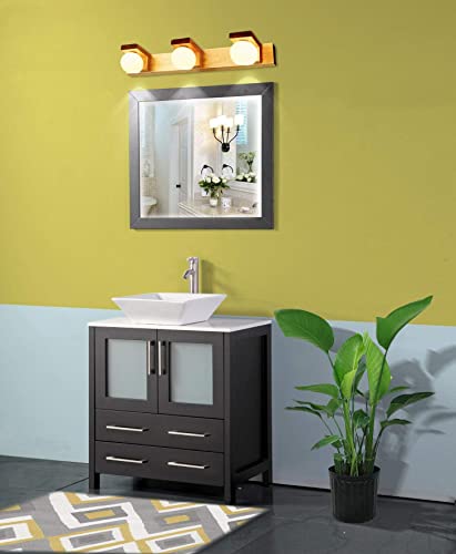 Vanity Art 30 Inch Single Sink Bathroom Vanity Set 1 Shelf 2 Dove-Tailed Drawers Quartz Top And Ceramic Vessel Sink Bathroom Cabinet With Free Mirror Va3130-E #TOP1