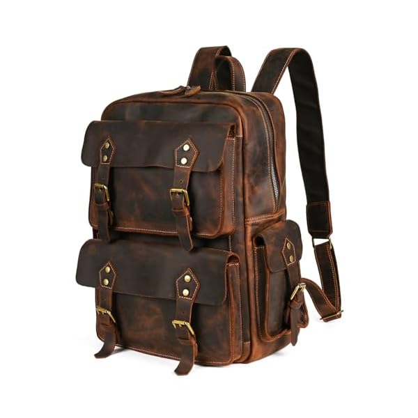HandadsumeGenuine Crazy Horse Leather Large Travel Back-pack Rucksack Laptop Bag For Men 1965 (1965 Dark Brown)