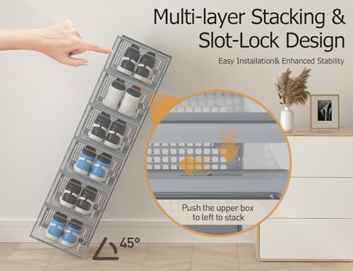Image of Kuject XX-Large Shoe Storage Boxes Organizers Clear Plastic Stackable 12 Pack, Shoe Rack & Holder Substitute, Sneaker Containers, Shoe Storage Organizer Bins for Closet, Under Bed, Grey(No Fold Line)