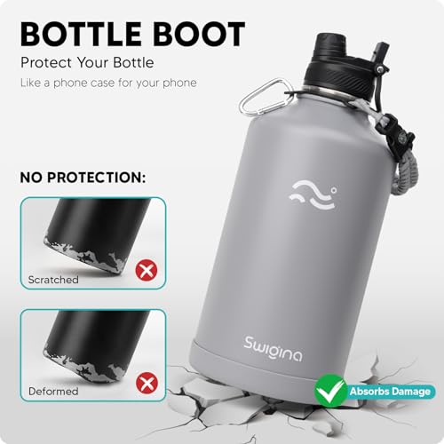 Image of Swigina [2-IN-1 LID] Gallon Insulated Water Bottle with Silicone Boot (48hrs Cold /24hrs Hot) - DIY Stickers, Leakproof, BPA Free, 128 oz
