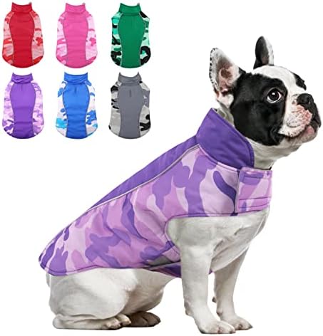 MORVIGIVE Camo Fleece Lining Winter Dog Coats, Reversible Waterproof Puppy Snow Jackets with Reflective Strips & Harness Hole, Windproof Warm Pet Vest Apparel for Small Medium Large Dogs Purple 3XL