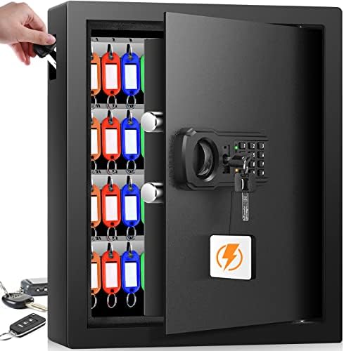 Nebakne 71 Keys Fireproof Key Cabinet, Anti-Theft Key Lock Box with Key Tags, Adjustable Key Organizer Wall Mounted with LED Light for Car Office House Garage Rental Business