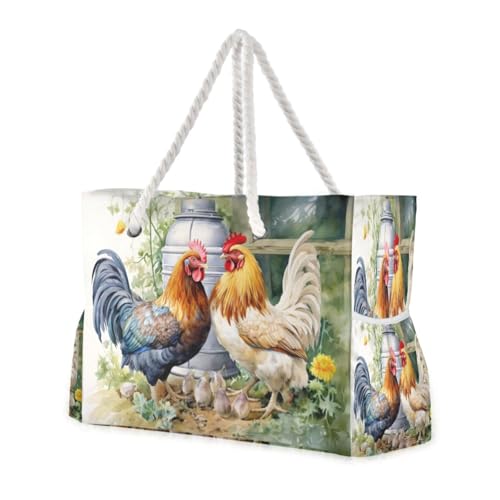 Farmhouse Rooster Beach Bag & Travel Tote Bag Large Sandproof Wet Pouch for Gym Travel, Lightweight Outdoor Bag