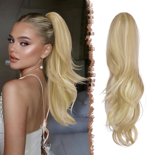 FESHFEN Drawstring Ponytail Extension Natural Long Wavy Layered Synthetic Pony Tails Dirty Blonde Hair Extensions Hairpieces for Women 20 inch