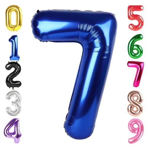 Image of 40 Inch Night Blue Number 7 Balloon, 7th Blue Birthday Party Decorations | 40 Inch Night Blue inflatable foil number balloons, large birthday decorations for 7th birthday