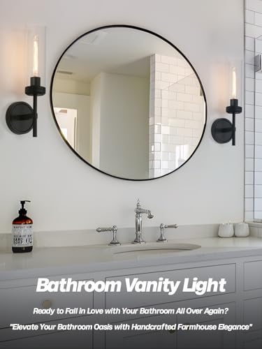 Image of Modern Wall Sconces Set of Two, Black Bathroom Vanity Light with Handblown Clear Glass Hardwired Wall Sconce Light for Bathroom Mirror Bedroom Livingroom Hallway Indoor