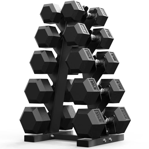 Image of PAPABABE Hex Dumbbell Sets with Rack, 100-600lb Rubber Coated Dumbbell Weight Set and Storage Rack, Multiple Options Hand Weights for Strength Training