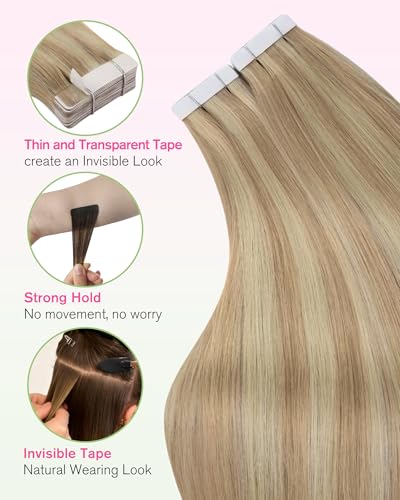 Image of YoungSee Hair Extensions Tape in Blonde, Human Hair Tape in Extensions Light Blonde Highlight Ash Blonde, Silky Straight, Tape Extensions Remy Hair, 18 Inch 20pcs 50g, for Everyday Wear