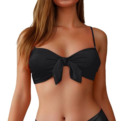 KBOPLEMQ Bikini retro para mujer, parte superior triangular, cintura y fruncido, ajustable, triángulo, sexy, espalda descubierta, parte superior de bikini monocolor, O negro., XXL