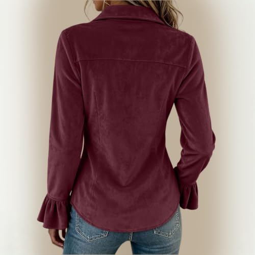 Carydety Women's Velvet Tops Slim Fit Button Down Shirt with Ruffle Cuffs - image 4