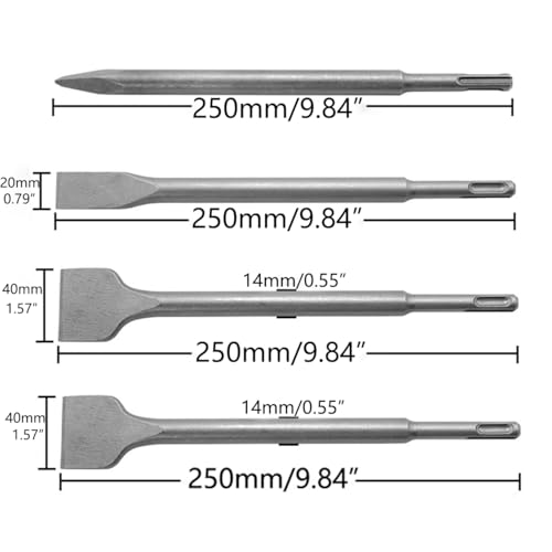 Meichoon Hammer Meißel 4er Set Elektrobohrer Rotary Hammer Schlagbohrer Rundschaft Spitz Flachkopf Breit Flachkopf Stein Beton Rillen DC603 B