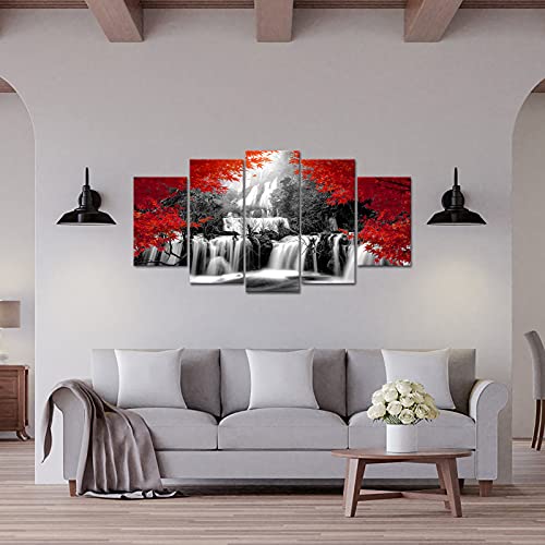 Vanseeing 5 Pieces Autumn Forest Waterfall Canvas Wall Art Red Tree Nature Scenery Picture Dreamlike River Black And White Natural Landscape Art Print Giclee Artwork Framed For Home Office Kitchen Wall Decor #TOP5
