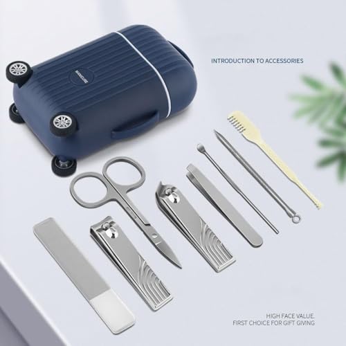 Image of 8-in-1 Manicure Kit - Stainless Steel Nail Clipper Set for Men & Women Mini Suitcase Professional Nail Care On-the-Go, Portable Design for Refined Manicure Experience (Blue)