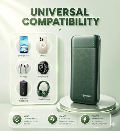 Image of Nextech Slender 10000mAh Fast Charging Power Bank 22.5W PD QC 3.0, Ultra Slim Mini Powerbank with Type C Output, Compact Portable Charger for iPhone, Android Smartphones, Tablets - Green