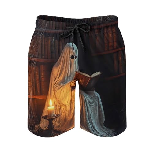 Halloween Ghost Reading Mens Swim Trunks Quick Dry Board Shorts Beach Swimwear Bathing Suits2