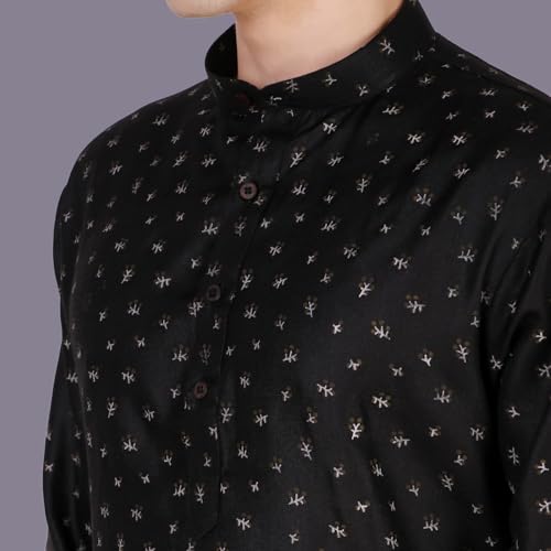 SKAVIJ Herren Baumwolle Langarm Tunika bedruckt Kurta, Schwarz , S