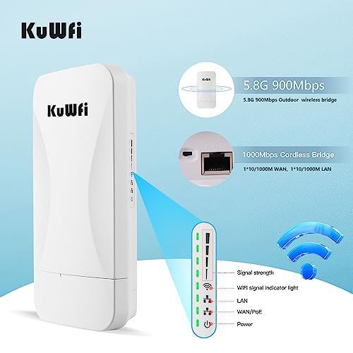 Image of KuWFi 5.8G Wireless Bridge, Point to Point Gigabit, 900Mbps, 3KM Range | 1Gbs LAN Ports Long Range CPE Bridge Network Extend Outdoor 1.86Miles to of Shop, Barn,Farm and CCTV Connection