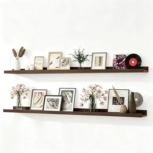 Image of Walnut Floating Shelves for Wall Decor, 56 in Shelf with Lip, 2 Set