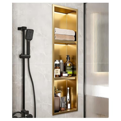 Generico Nicchia Doccia incassata in Acciaio Inox Impermeabile, mensola da Bagno a Parete, nicchia Doccia a Incasso a LED Dorata - Mobiletto a Parete in Acciaio Inox Impermeabile con 2/3/4 Ripiani PE