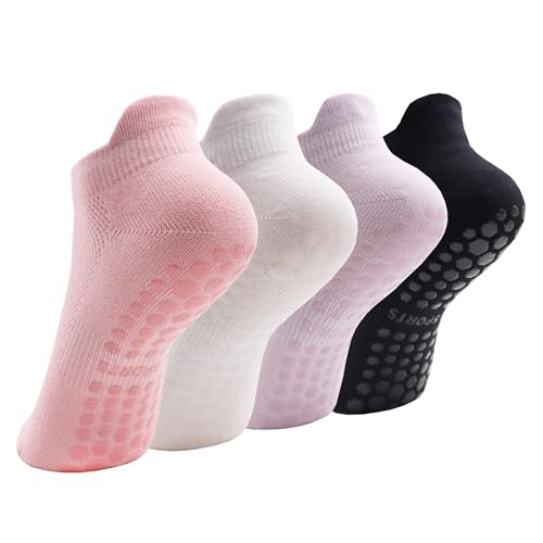 Esaroll Calcetines de pilates con agarres para mujer, antideslizantes, para yoga, pilates, gimnasio, deportes, 4 pares, Corte bajo, 4 pares, negro, rosa, blanco y morado, 5-10