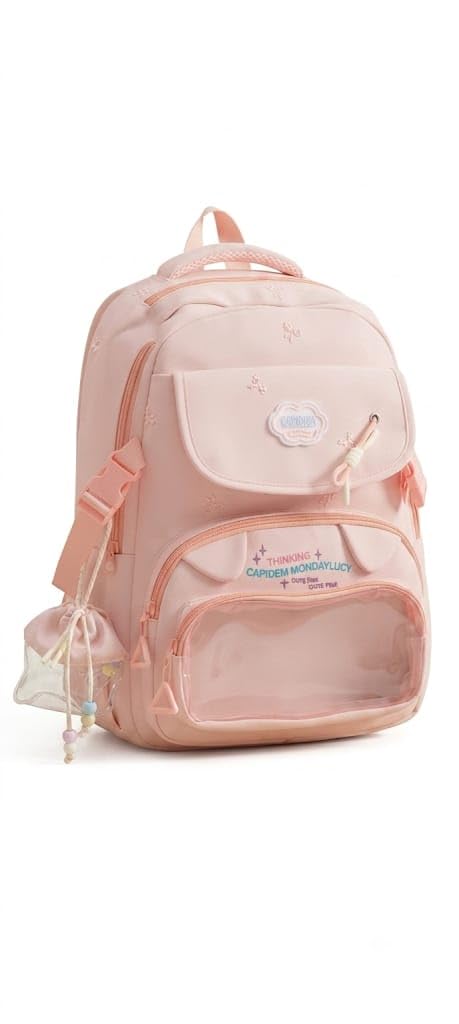 Girls Aesthetic School Backpack with Clear Pocket, Pink-picture-39