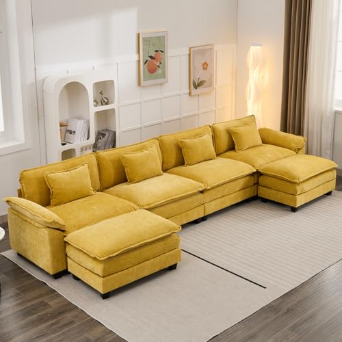 Image of Oprisen 154 inch Modular Sectional Sofa, Comfy Cloud Couch Sectional Sofa with Ottoman, Chenille Sofa Sleeper Deep Seat Sofa with Throw Pillows for Living Room (Yellow, 154 inch- U Shape)