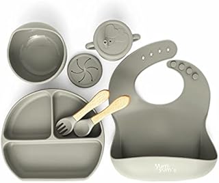 Yum Yum's BPA Free Silicone Baby Feeding Set  Suction Bowl  Baby weaning Set  Wooden Spoon and Fork  Cup  Divided Plate  Adjustable bib  for Babies and Toddlers