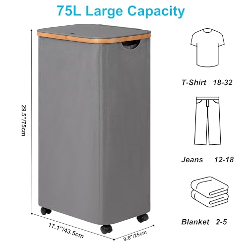 Image of efluky Slim Laundry Basket with Wheels, Tall Rolling Laundry Hamper with Lid and Removable Bag, Aesthetic Dirty Clothes Hamper on Wheels for Laundry Room, Bedroom, Dorm and Bathroom,75L Grey