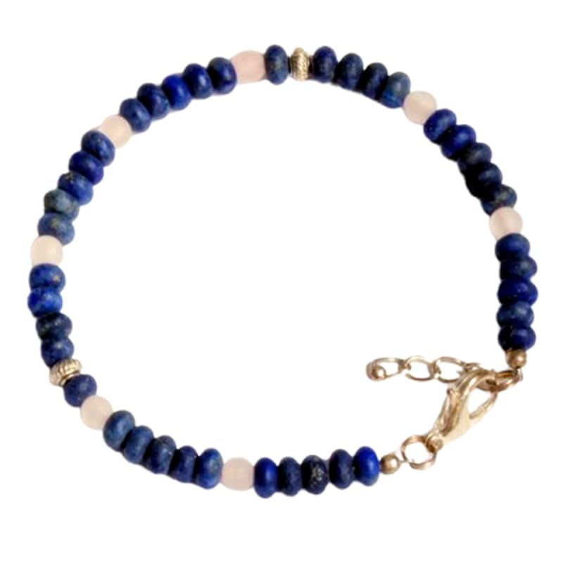 Bracelet pierres naturelles lapis-lazuli quartz rose perles 4mm fermoir ajustable