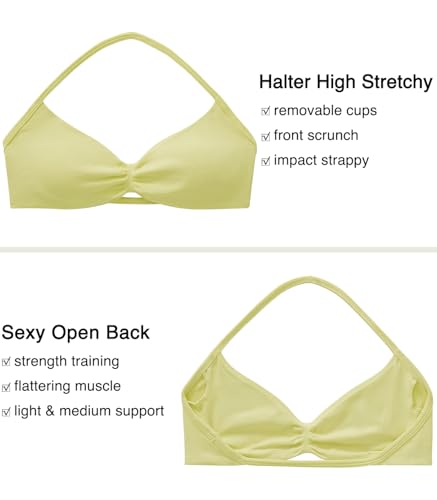Image of OMKAGI Halter Sports Bras for Women Padded Strappy Bra Open Back Workout Gym Crop