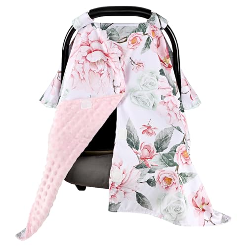 Image of Baby Car Seat Cover, Breathable Infant Carseat Cover for Summer Peekaboo Opening Car Seat Canopy Cover, Nursing Cover for Baby Boys Girls (Flower)