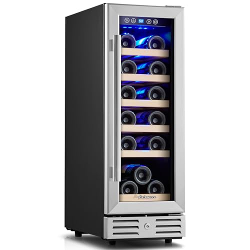 Kalamera Mini Fridge 18 Bottle - 12 inch Wine Cooler Refrigerator, Built-in or Freestanding, with Stainless Steel & Double-Layer Tempered Glass Door, and Temperature Memory Function Wine Fridge