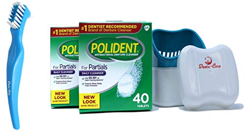 Polident Partial Denture Cleaner Tablets 80 Tablets bundle with Dentu-Care Denture Case and Denture Brush for Good Clean Full/Partial Dentures Mouthguards
