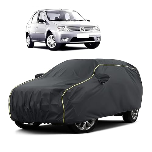 Image of Sulfar 100% Water Resistant Car Body Cover Compatible with Mirror for Renault Logan (Triple Stitched, Full Bottom Elastic, Dark Grey Taffeta with Yellow Piping)
