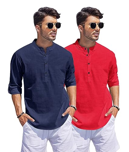 Image of Bellstone Men's Cotton Blend Straight Kurta Shirt Combo with Mandarin Collar - Slim Fit Casual Short Kurti Set Featuring Textured Slub Fabric and Roll-Up Full Sleeves