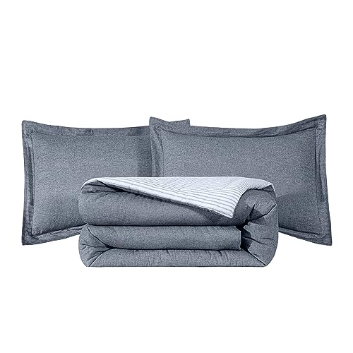 Chezmoi Collection CHAMBRAY-COM-LIGHT DENIM-KING Chambray Cotton Lightweight Comforter Set King Size 3-Piece Soft Comfy Breathable Yarn Dyed Light Denim Textured Reversible Chalk Stripe Bedding thumb #8
