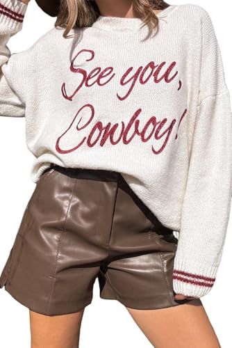 SELINK Women's Western See You Cowboy Pullover Sweater Tops Embroidered Graphic Long Sleeve Round Neck Daily Sweater