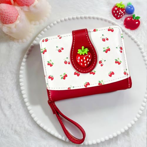 Image of Cute Print Wallet Blueberry Strawberry Cherry Wallet with Credit Card Slot Zipper Coin Pocket for Women Girls (RED STRAWBERRY)