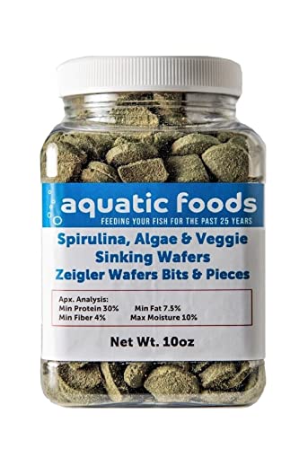 Aquatic Foods Inc. BITS & Pieces of Spirulina, Algae & Veggie Sinking Wafers for Bottom Fish, Shrimp, Snails, Crabs, Crayfish, All Tropical Fish…10oz Small Jar