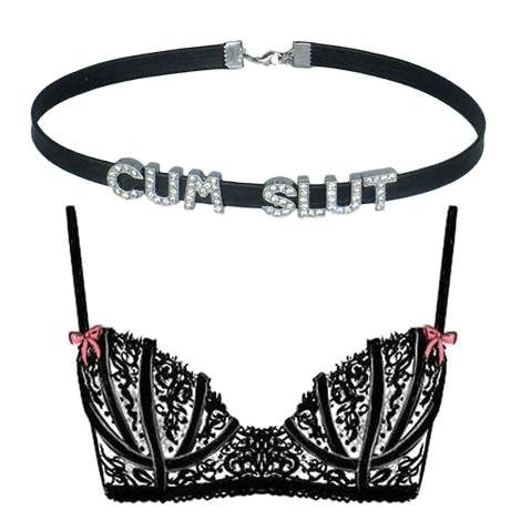 CUM SLUT Rhinestone Choker Necklaces For Wife and Husband,Artifical Crystal Punk PU Leather Collar Chokers For Lover,Gothic Letters Jewelry For Women4