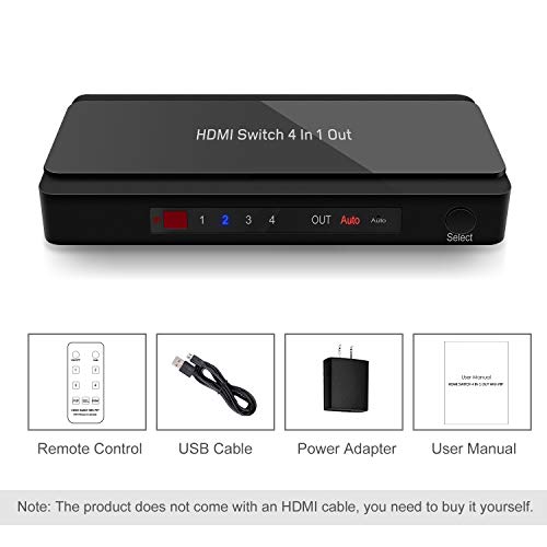 HDMI Switch 4x1 HDMI Switcher Selector 4 Port Box with IR Remote Control HDMI 1.4 HDCP 1.4 Support 4K@30Hz Ultra HD 3D 1080P for Fire TV, Roku, PS3, PS4, Xbox, Apple TV, DVD etc.(4 Input 1 Output) - Thumbnail 7