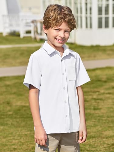 Haloumoning Boys Short Sleeve Button Down Shirt Kids Dress Shirts Formal Uniform Shirt with Pocket 5-14 Years3
